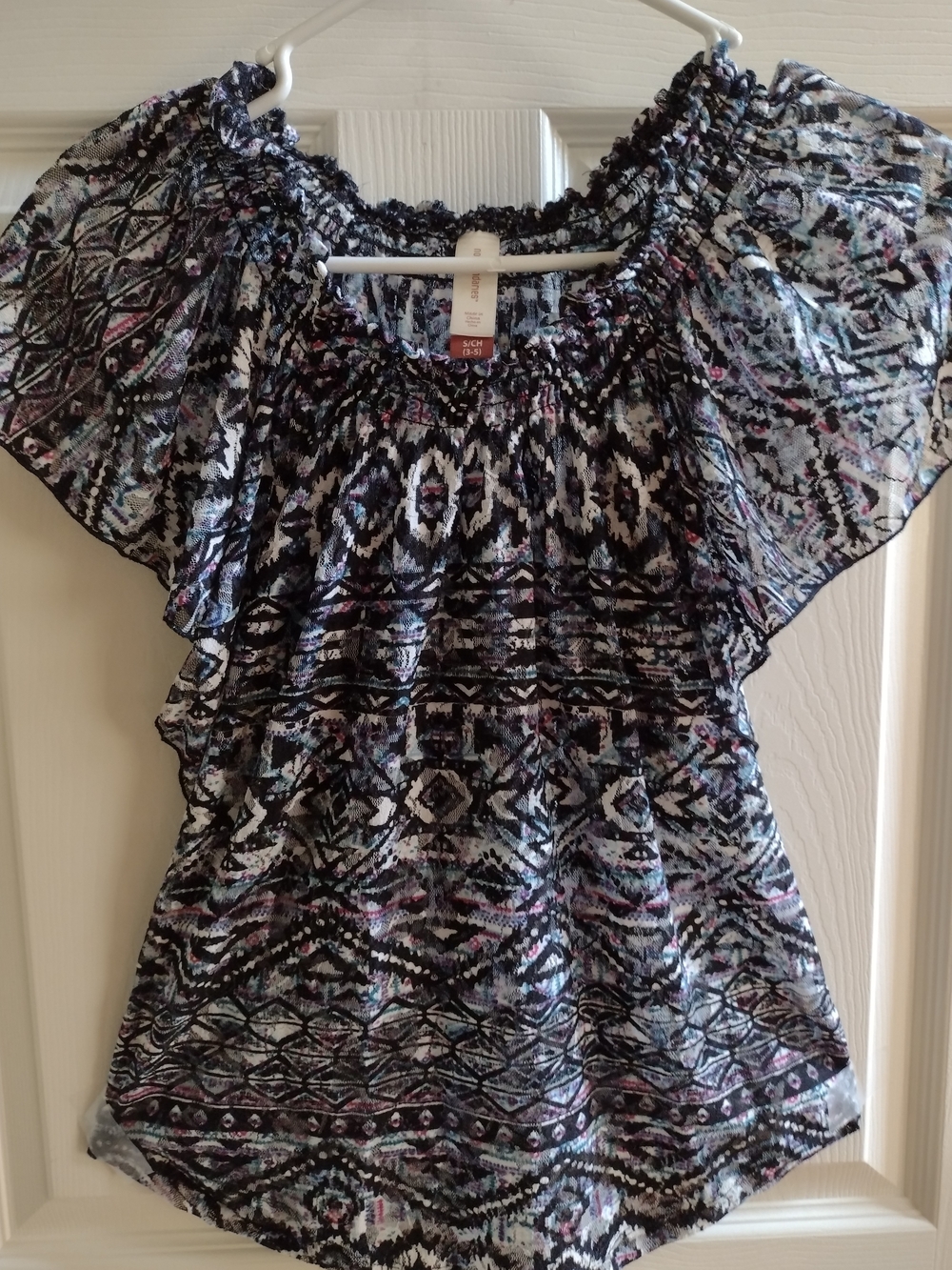 Boho Smocked Off-Shoulder Top in Black & White Pattern